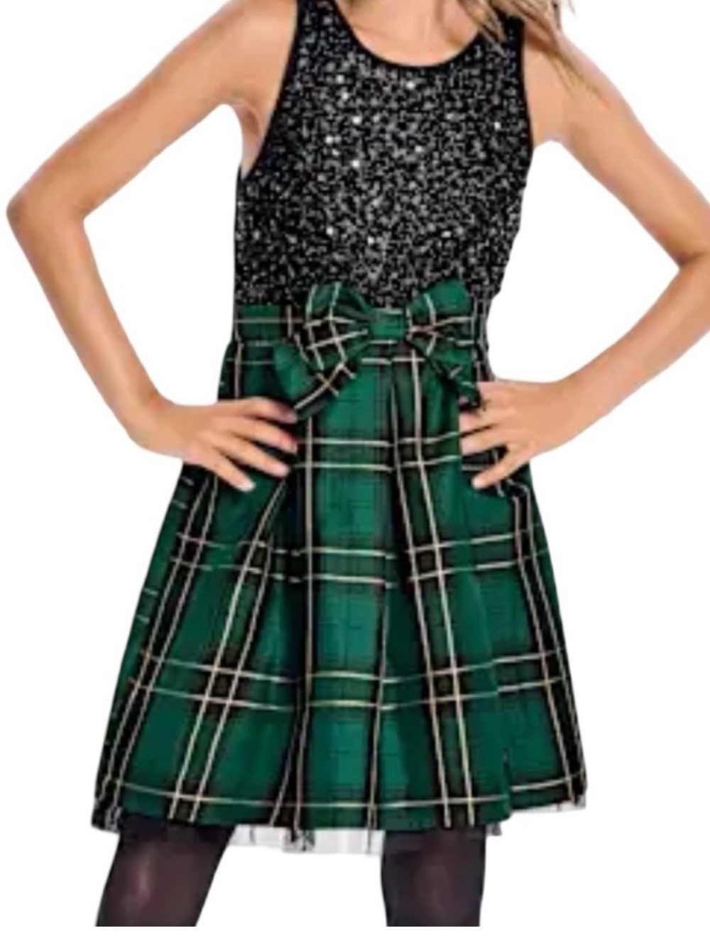 The Children's Place NWT Girl’s Black Sequin Green Plaid Bow Dress 10-12